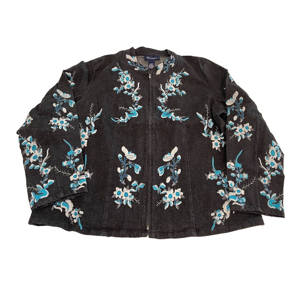 Denim & Co AO Floral Embroidery Jacket Full Zip Boho Festival Office Size Large